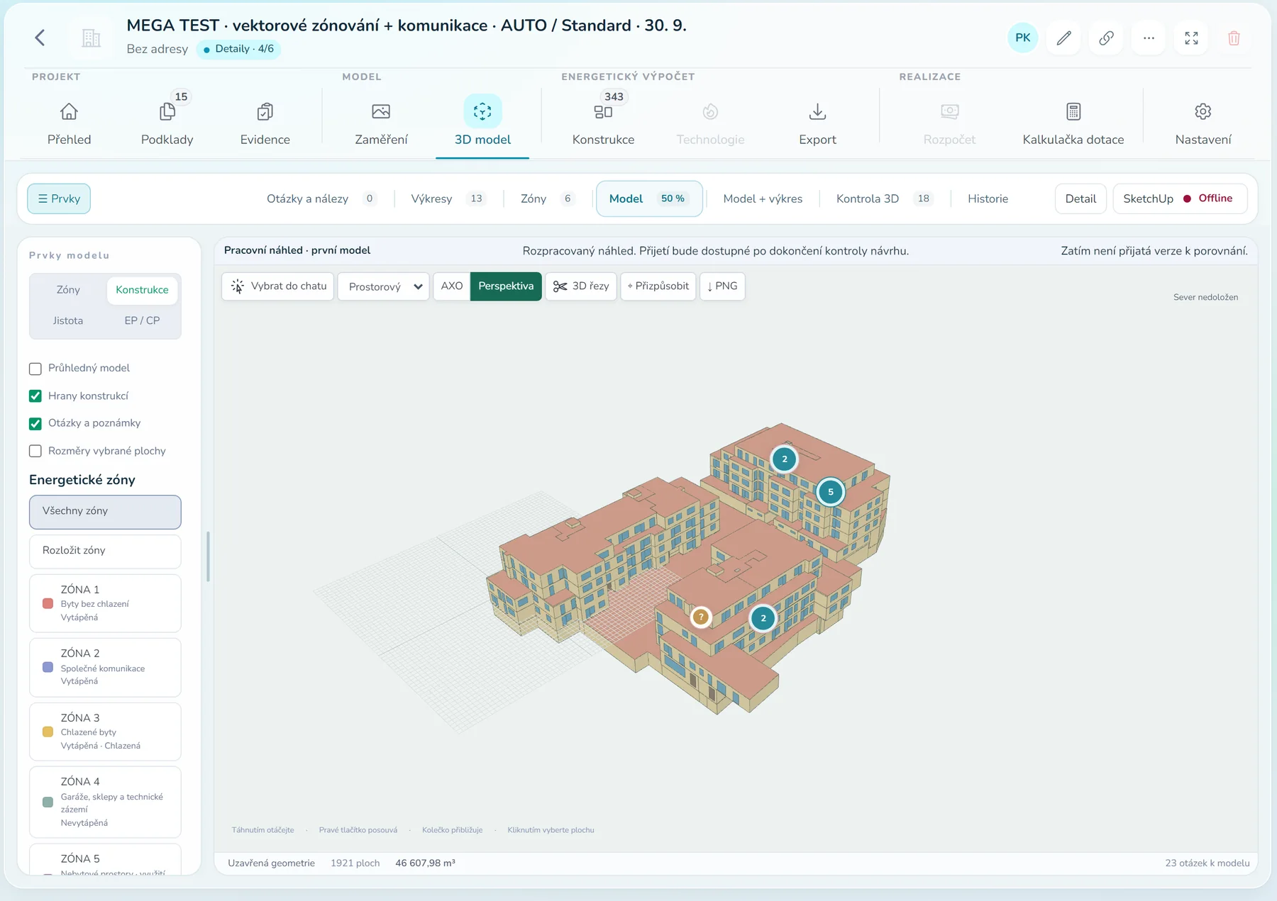 3D model s energetickými zónami — obrazovka aplikace energyapp