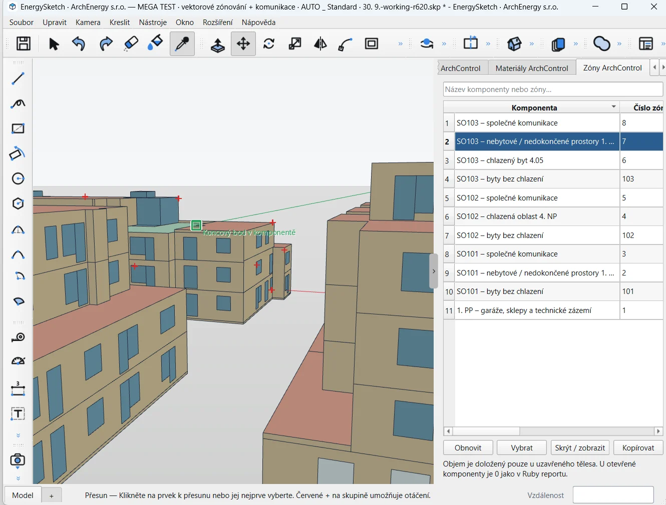 EnergySketch — okno programu s 3D modelem bytového komplexu a seznamem energetických zón